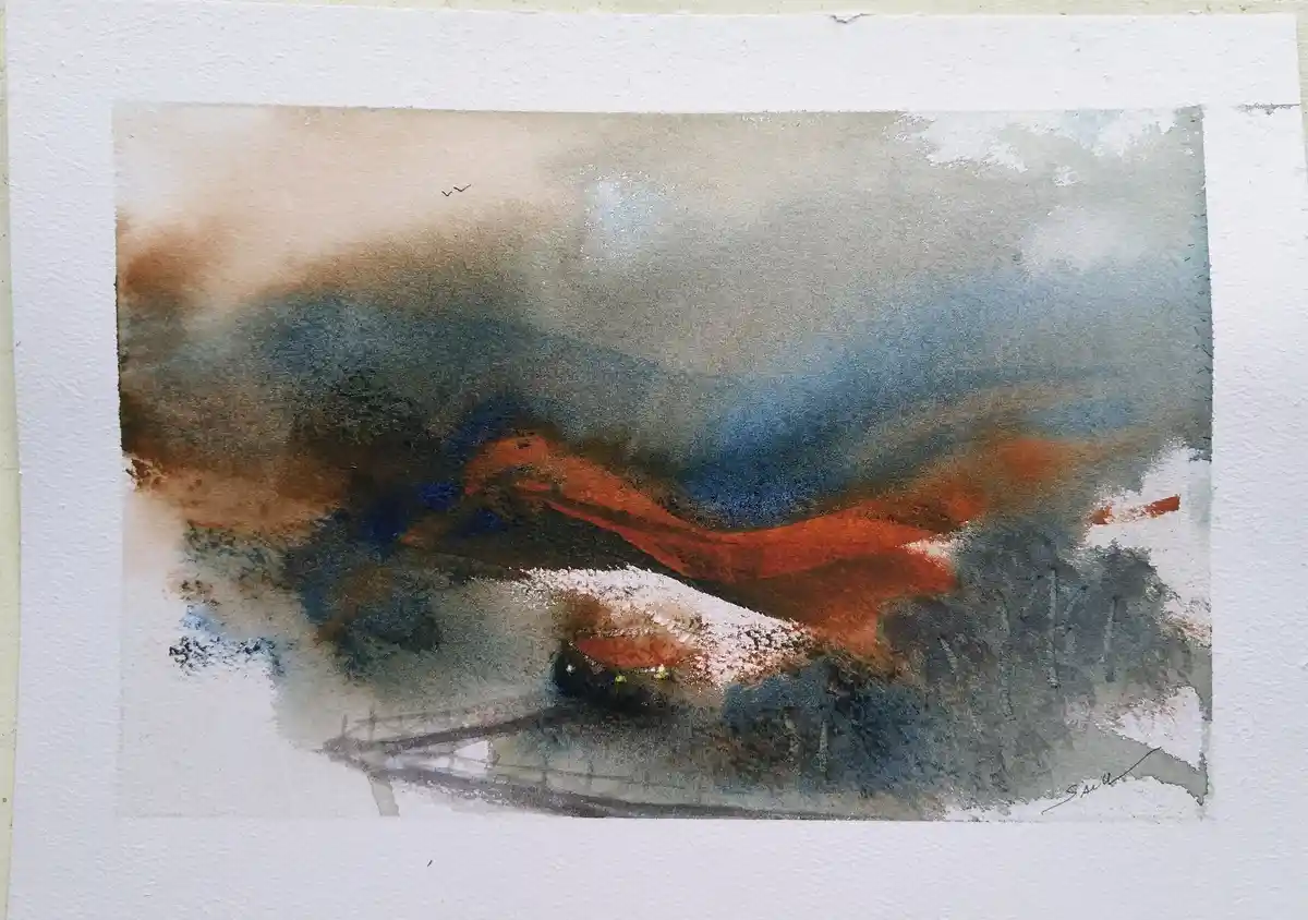A watercolor painting depicts a dramatic, abstract landscape with swirling browns, blues, and reds, featuring a small boat…
