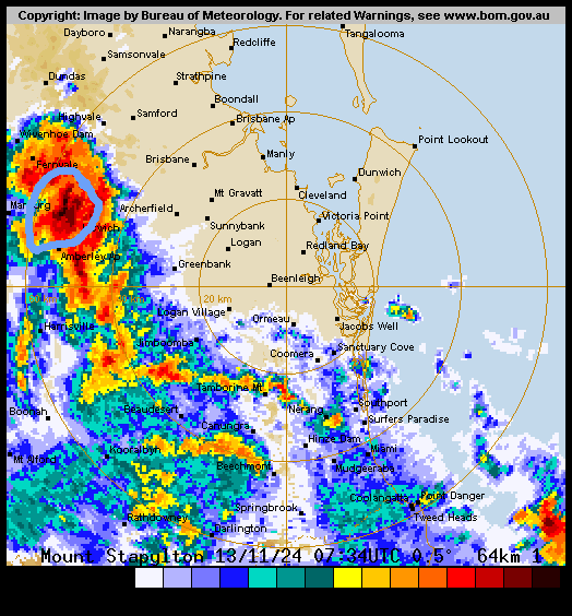 A weather radar image from the Bureau of Meteorology shows a large, intense red and orange storm system centered near Mount…
