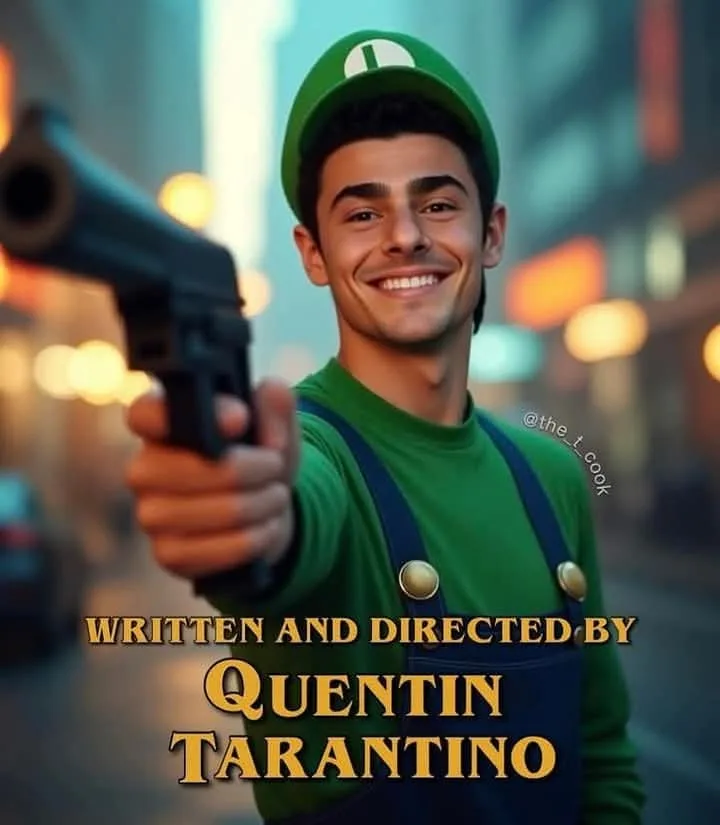 A man with a cheerful, wide smile wears a green Luigi hat and overalls while holding a handgun pointed forward. The…