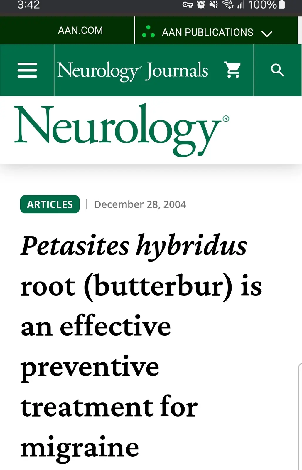 A screenshot of a Neurology journal article from December 28, 2004, showing the headline 'Petasites hybridus root…