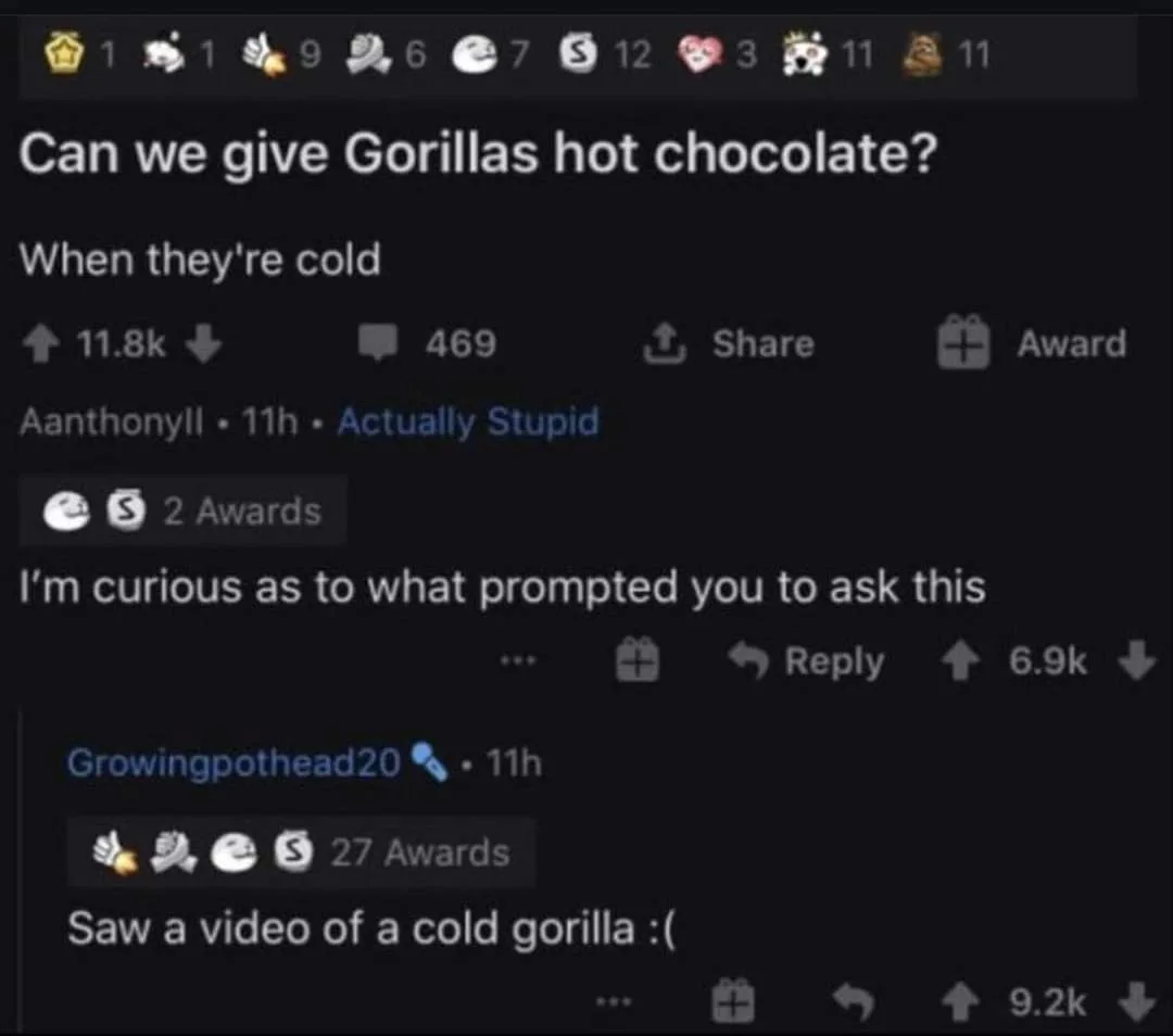 A Reddit comment thread shows a user asking if gorillas can have hot chocolate when cold, another user asks what prompted…