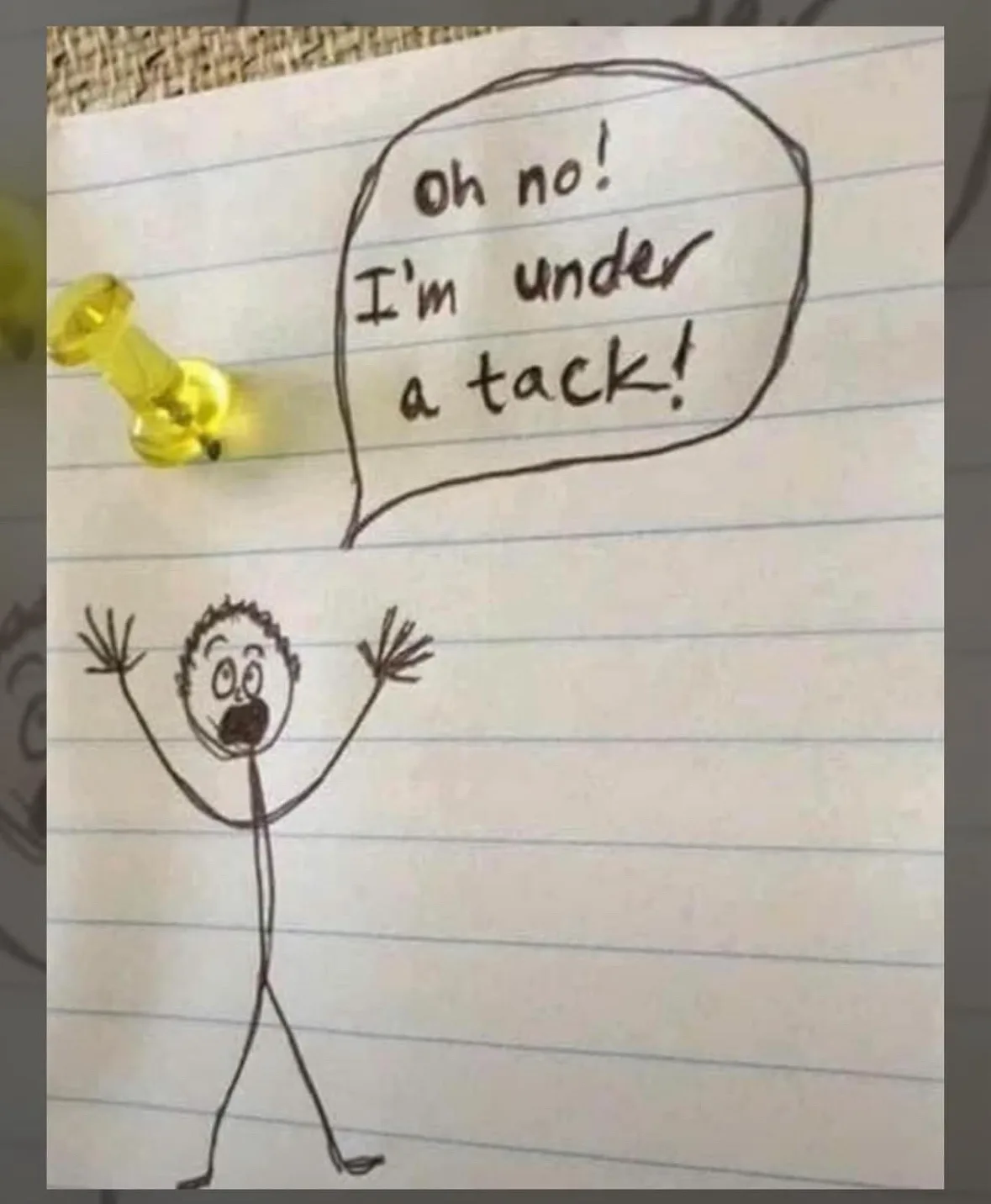 A hand-drawn stick figure with wide eyes and raised arms is depicted on lined notebook paper, looking terrified. A yellow…