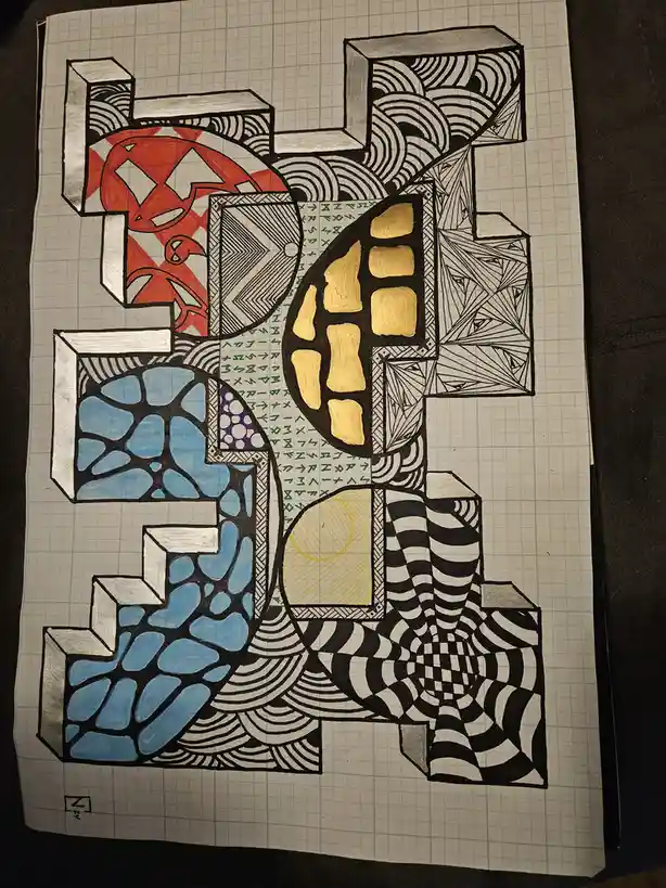 A hand-drawn, colorful abstract artwork on graph paper features a large, stylized letter 'Z' constructed from various…