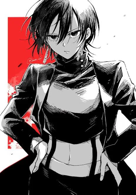 A black-and-white anime-style illustration of a female character with short dark hair, wearing a high-collared outfit and…