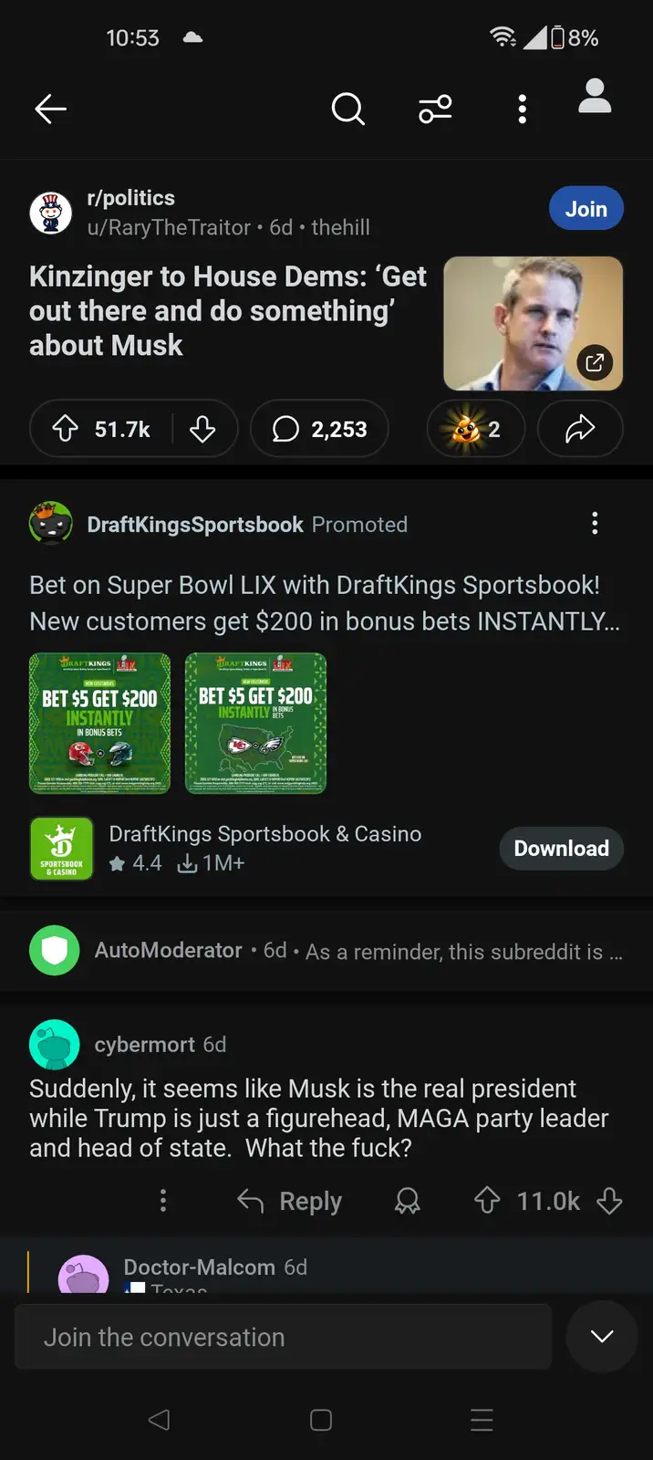 A screenshot of a Reddit post in the r/politics subreddit shows a comment by user 'cybermort' that reads 'Suddenly, it seems…