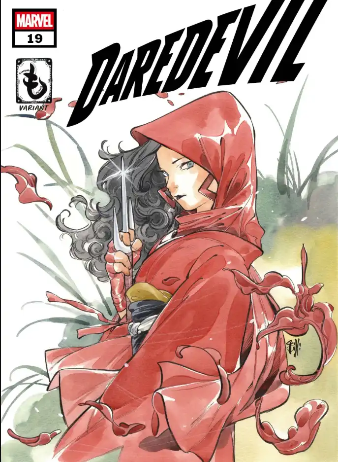 A comic book cover for Marvel's Daredevil issue #19, featuring a character in a red hooded robe holding a trident-like…