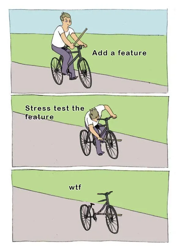 A three-panel comic strip shows a man riding a bicycle. In the first panel, he adds a long stick to the bike frame while the…