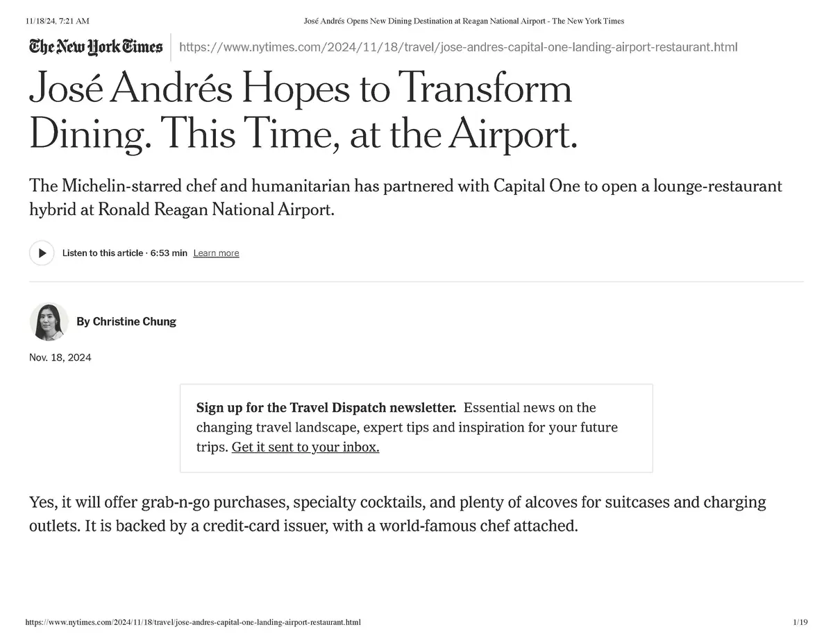 The image displays a screenshot of a New York Times article dated November 18, 2024, announcing that Michelin-starred chef…
