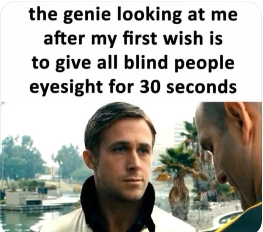 A still image from a movie shows actor Ryan Gosling looking at another man, who is mostly out of frame. The text overlaid on…