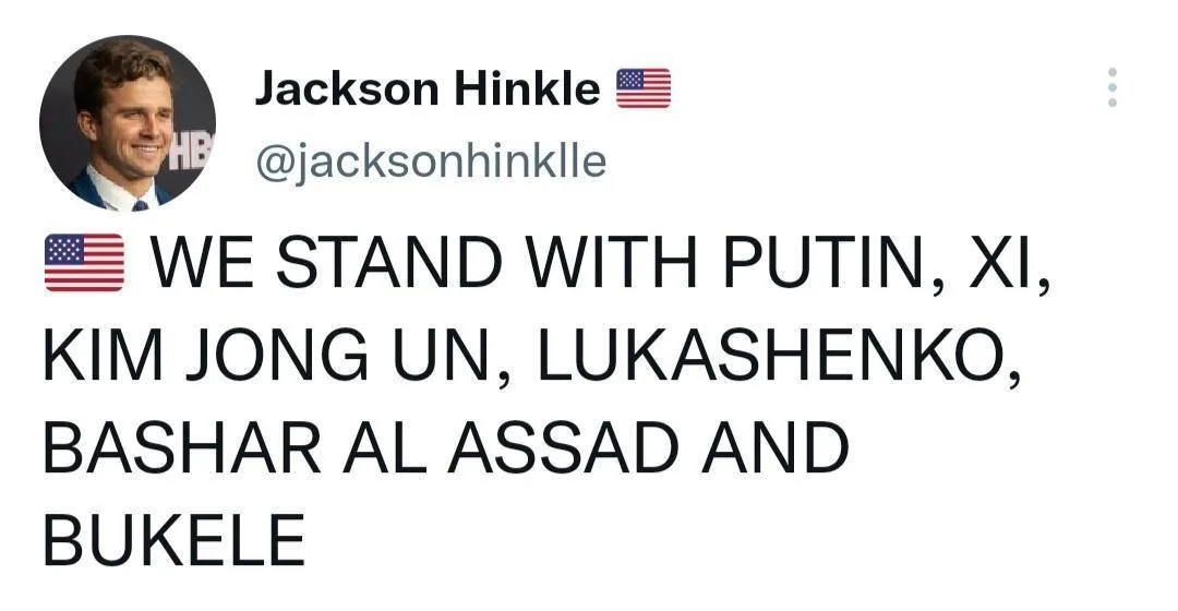 A screenshot of a tweet by Jackson Hinkle, who has an American flag emoji next to his name. The tweet text, preceded by an…