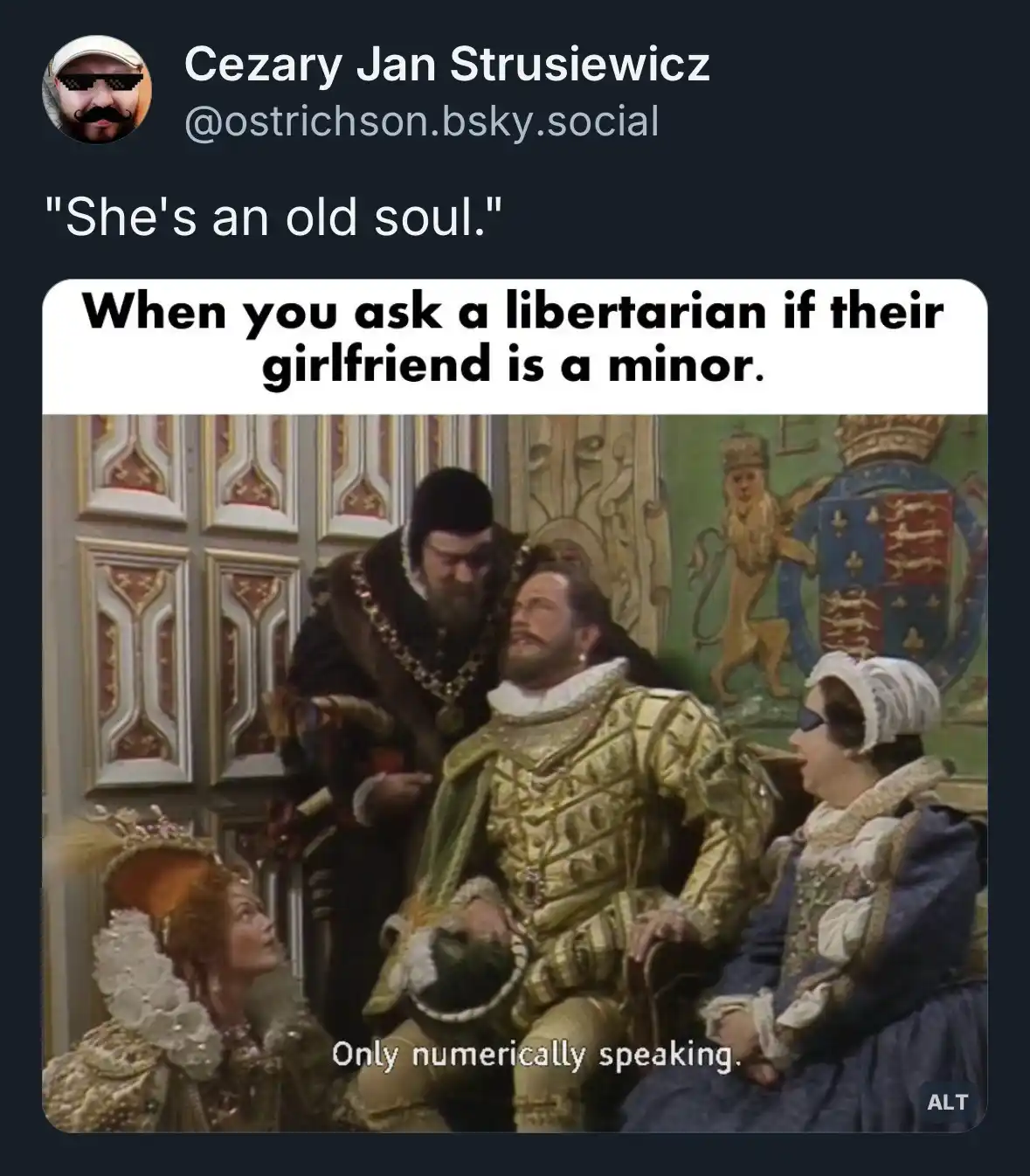 A screenshot of a tweet by Cezary Jan Strusiewicz showing a scene from a historical drama with four characters in period…