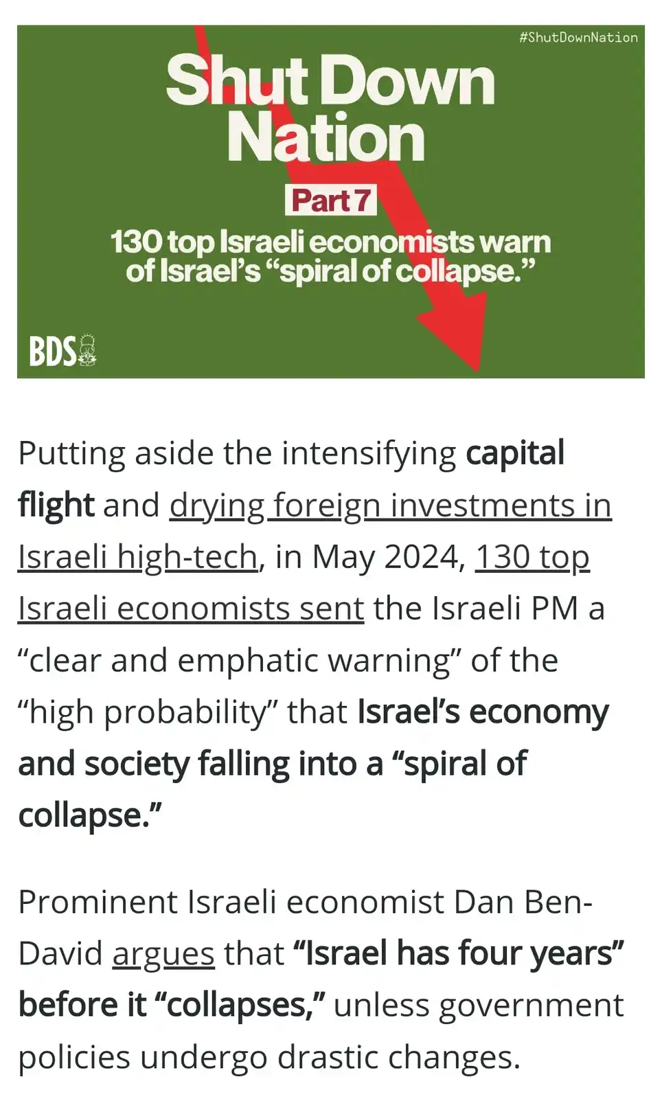 A green graphic with white text and a large red downward arrow reads 'Shut Down Nation Part 7' and '130 top Israeli…