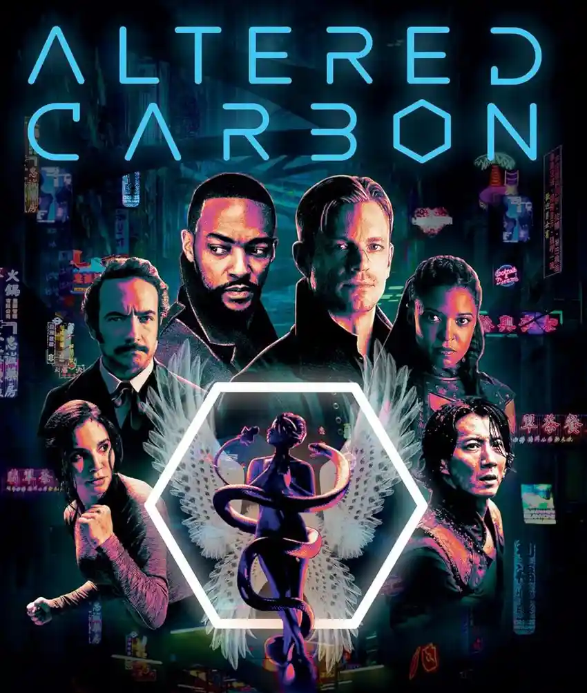 The image is a promotional poster for the TV show 'Altered Carbon,' featuring six main characters against a neon-lit…