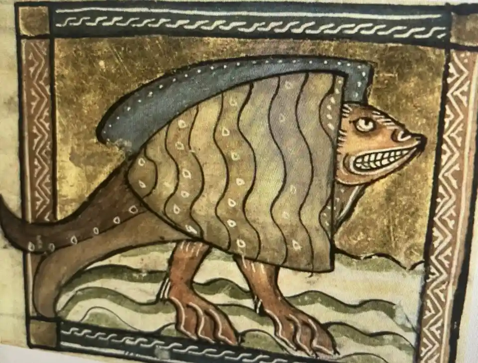 An ancient-style illustration depicts a fish with legs, claws, and a hat, standing on stylized waves. The fish has a wide…