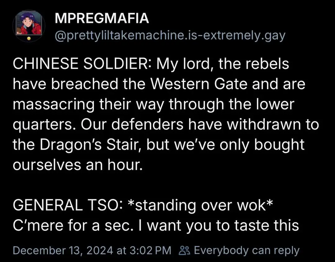 A screenshot of a social media post with white text on a black background. The text is a dialogue where a Chinese soldier…
