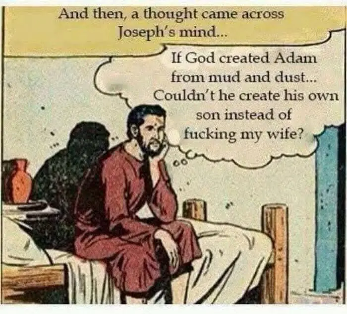 A comic panel shows a man in red robes sitting on a bed, looking thoughtful with his hand on his chin. A thought bubble…