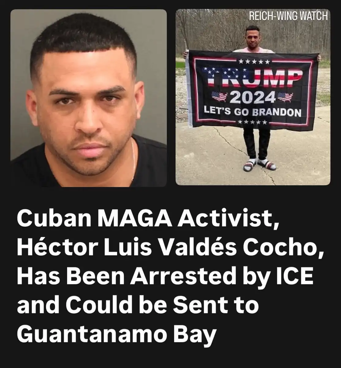 The image displays two photos of the same man: a mugshot on the left and him holding a 'TRUMP 2024 LET'S GO BRANDON' flag on…