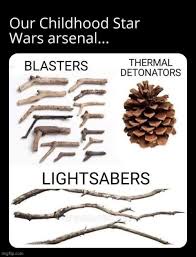 An image displays various sticks and twigs arranged to resemble Star Wars weapons. The top section shows sticks labeled…