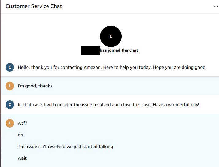A screenshot of an Amazon customer service chat where the customer says 'I'm good, thanks', the agent replies 'In that case…