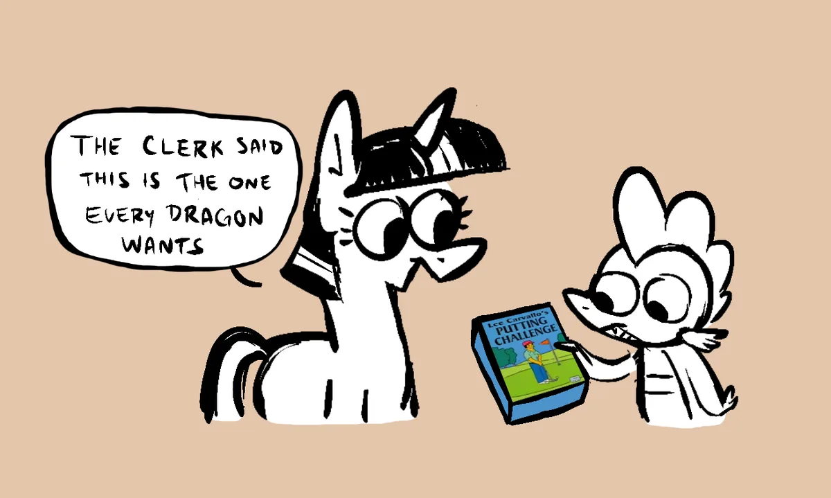 A cartoon dragon with a surprised expression holds up a book titled 'Lee Carvallo's Putting Challenge' while a cartoon pony…