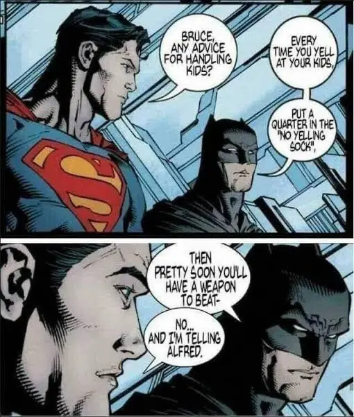 A two-panel comic strip featuring Superman and Batman. In the top panel, Superman asks Batman for parenting advice, and…