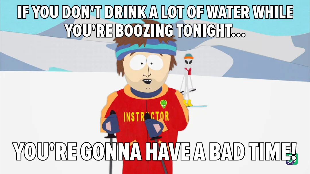 A cartoon character from South Park, wearing a red ski instructor jacket and blue headband, stands in a snowy landscape with…