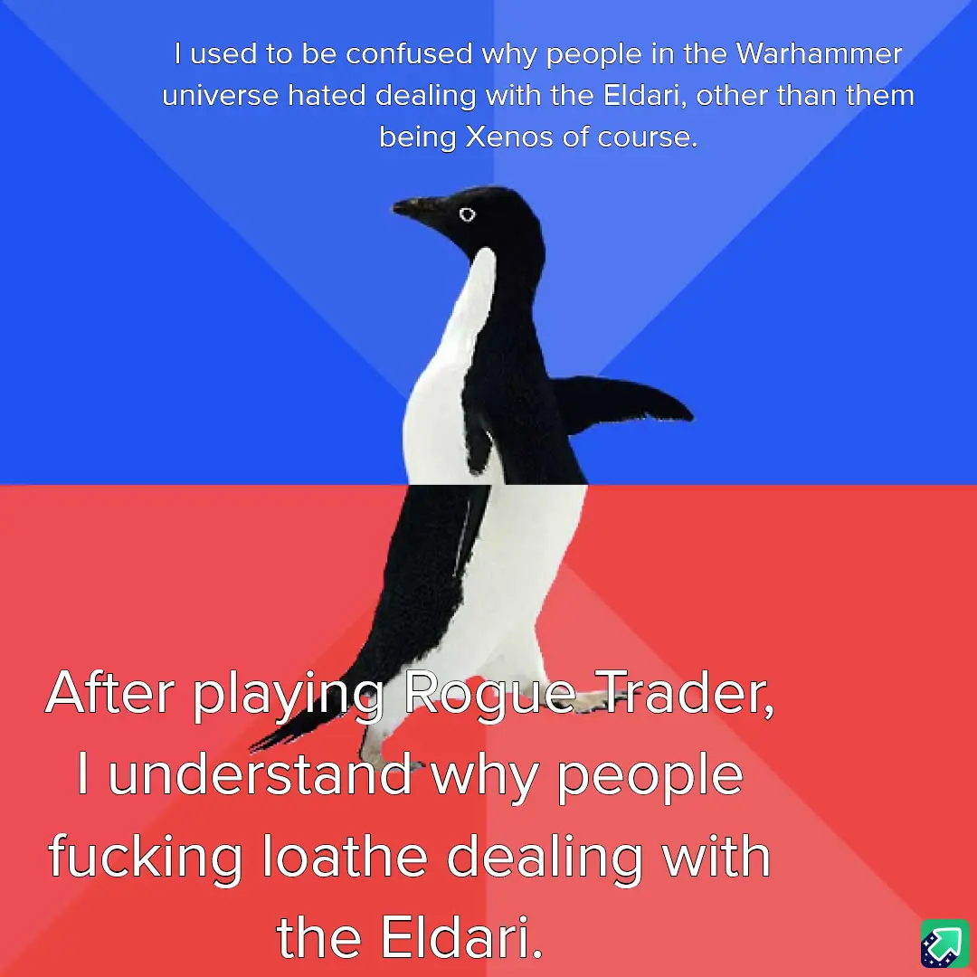 A penguin stands centered against a blue and red background, split horizontally. The top half has white text stating, 'I…