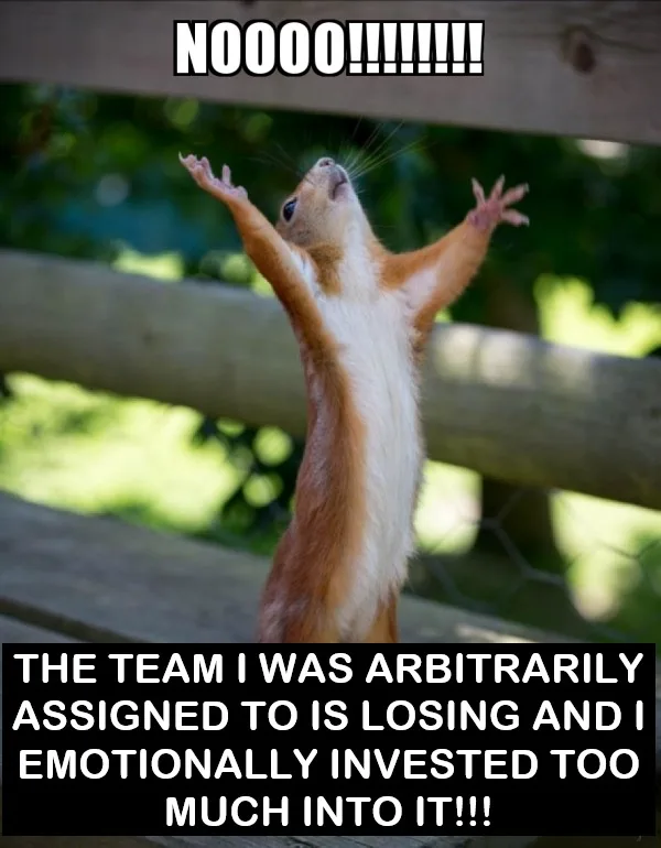 A red squirrel stands on its hind legs on a wooden fence, arms raised in despair, mouth open as if screaming. The text at…