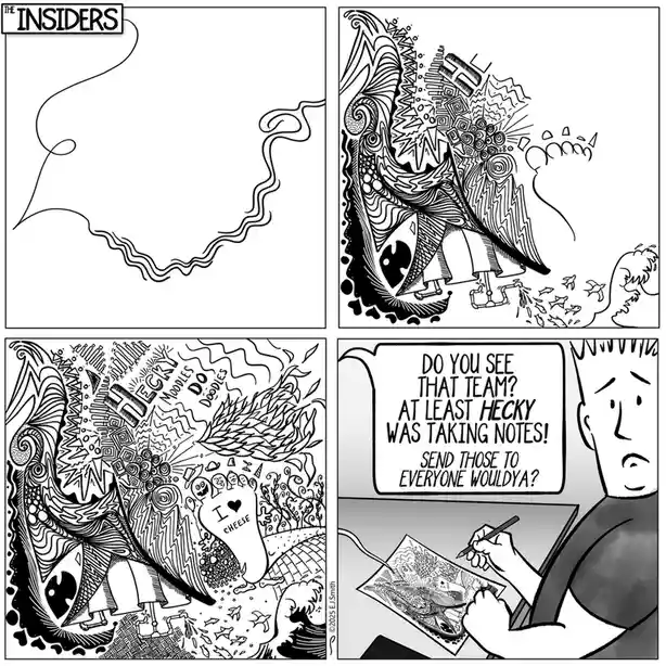 A four-panel comic strip titled 'THE INSIDERS' shows a blank coloring page, then a wildly detailed, intricate drawing of a…