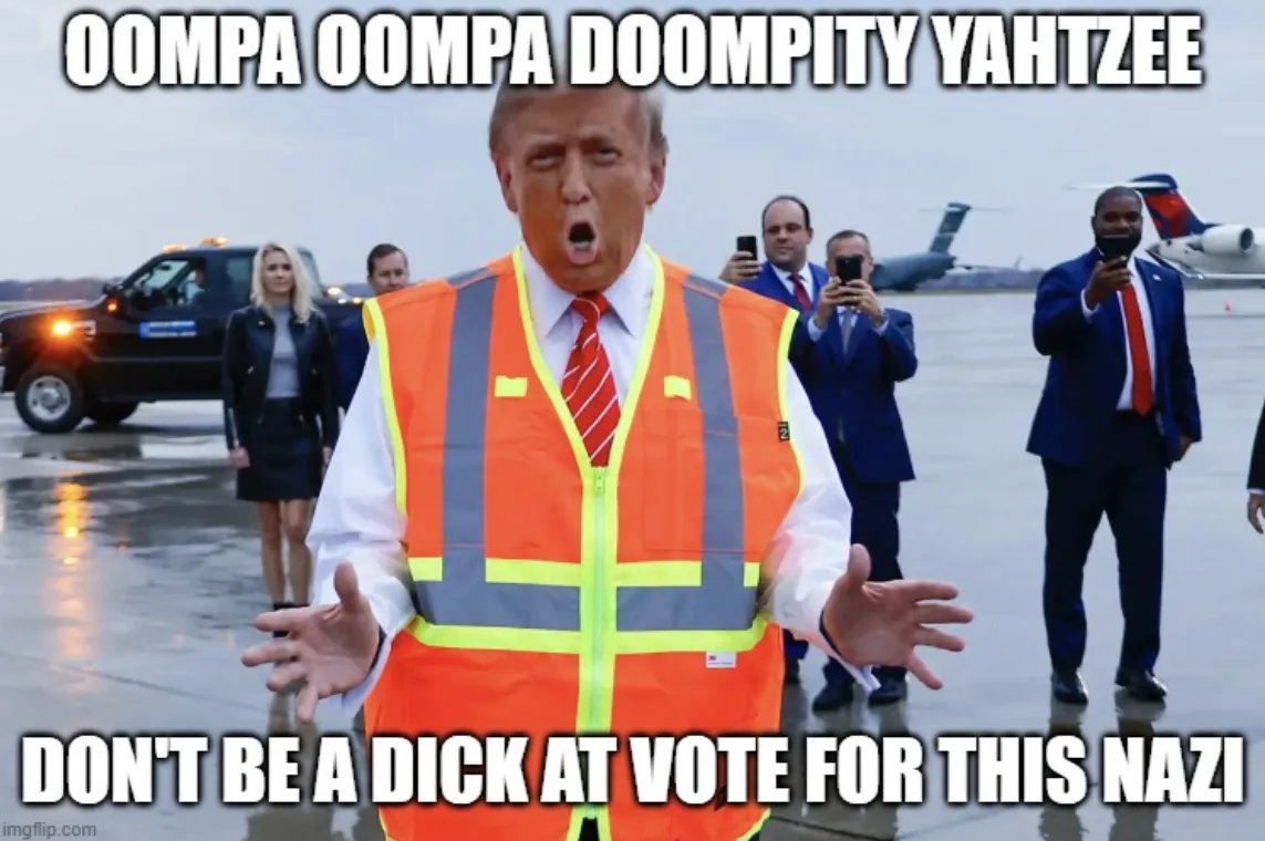 A man in an orange safety vest with his mouth open and hands outstretched, standing on a wet tarmac with several people and…