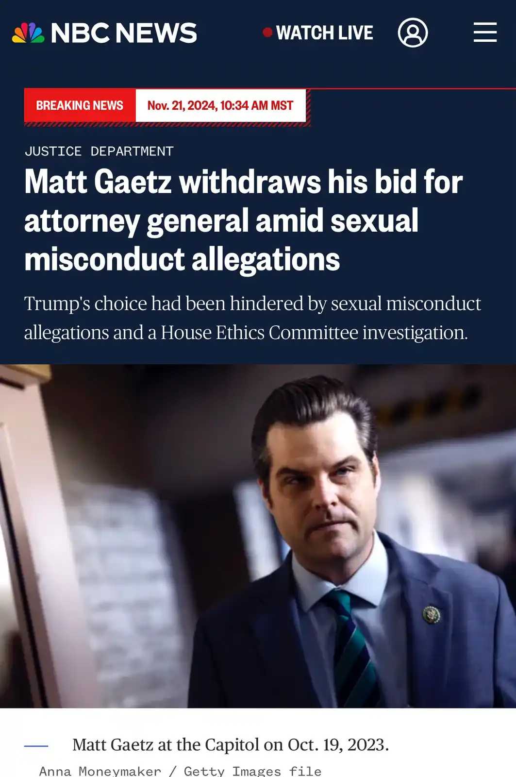 An NBC News breaking news screenshot from Nov. 21, 2024, shows a headline about Matt Gaetz withdrawing his bid for attorney…