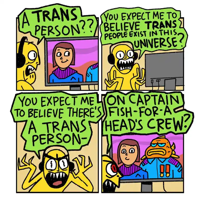 A four-panel comic strip featuring a yellow, cartoonish character with headphones reacting in shock and disbelief. In the…