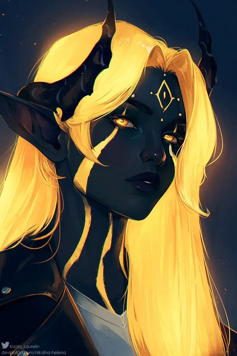 A stylized digital illustration of a dark-skinned, elf-like female character with long blonde hair, pointed ears, and black…