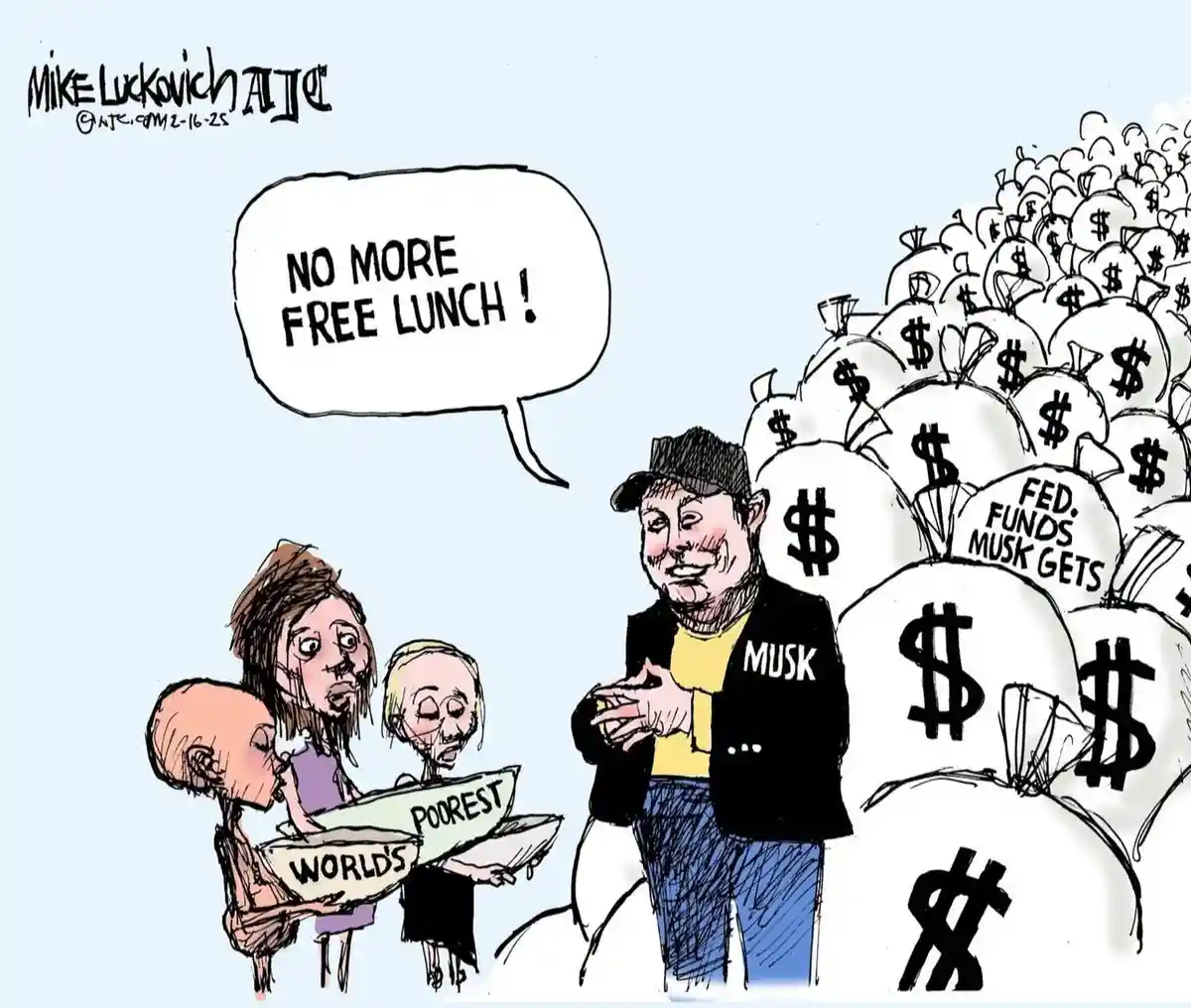 A cartoon depicts a caricature of Elon Musk, wearing a jacket with 'MUSK' on it and a cap, standing beside a large pile of…
