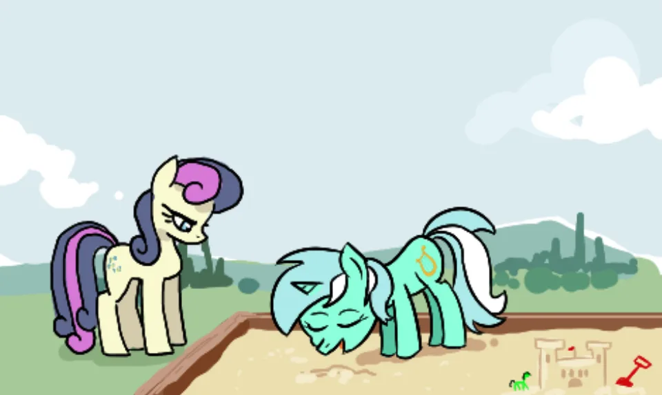 A cartoon pony with a cream coat and purple mane stands with a smug expression, looking down at another cyan pony who is…