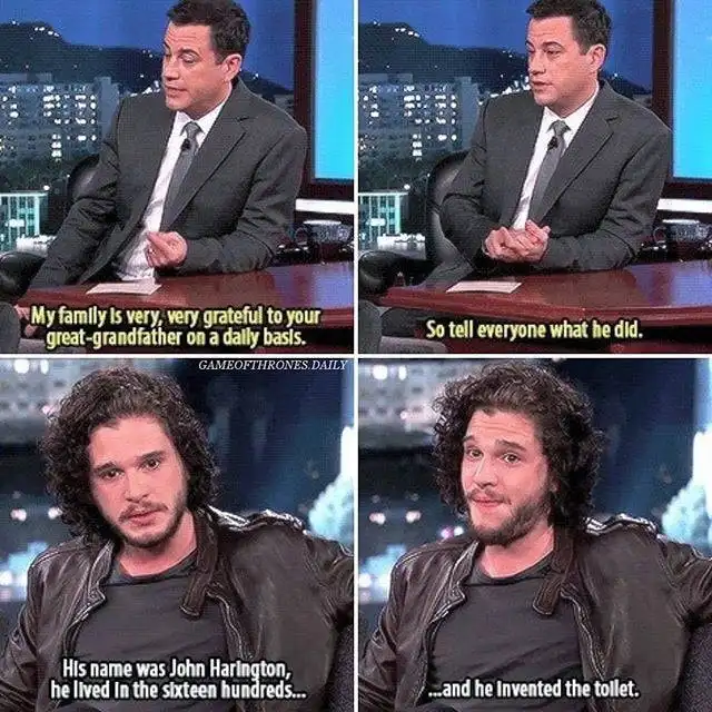 A four-panel meme featuring Jimmy Kimmel on a talk show, asking a guest to describe a great-grandfather's contribution…