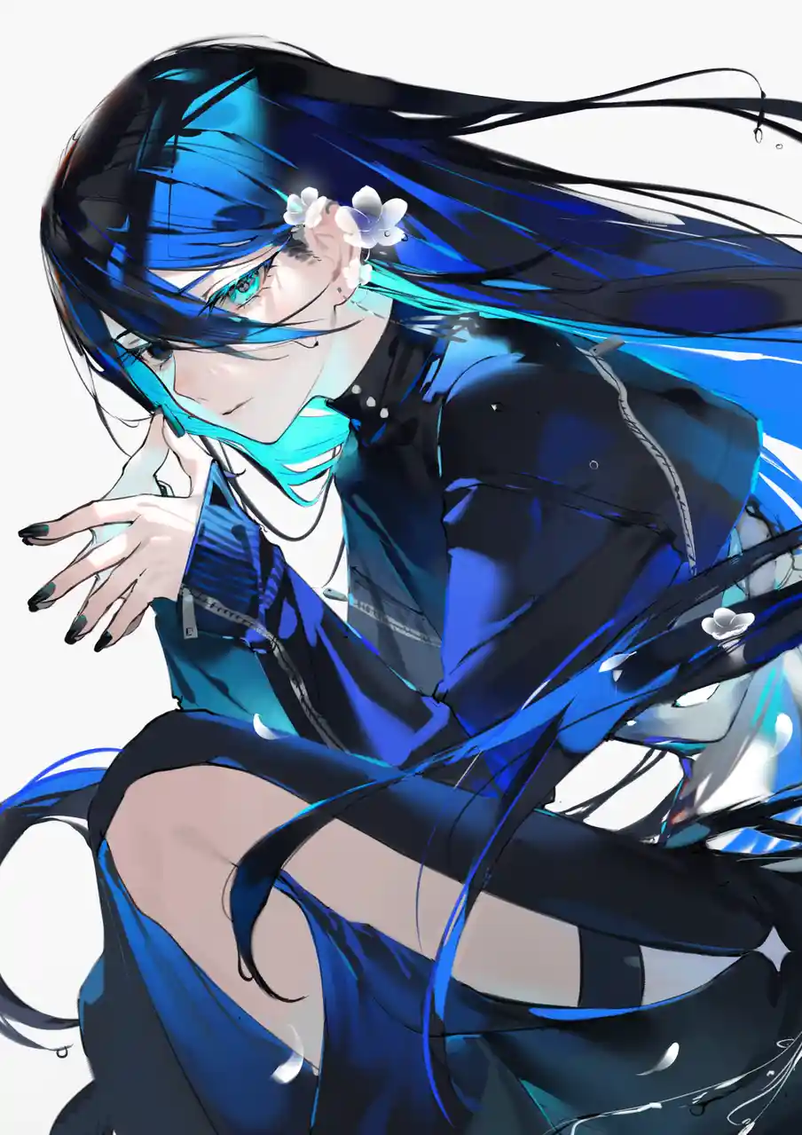 An anime-style illustration of a person with long, flowing blue-black hair adorned with white flowers, wearing a dark blue…