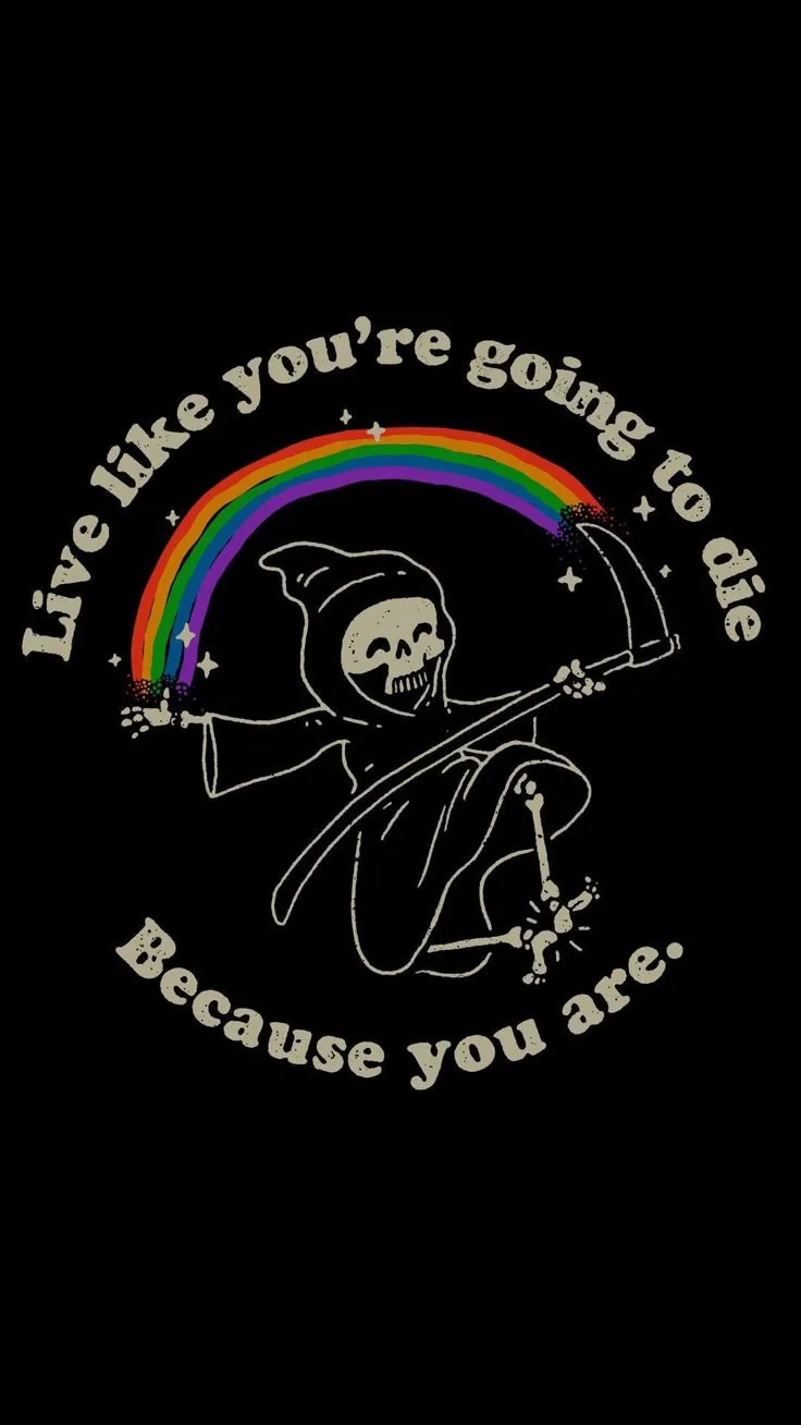 A black background features a white line-art illustration of the Grim Reaper holding a scythe, with a vibrant rainbow arcing…