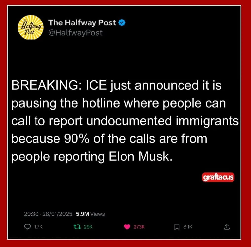 A screenshot of a tweet from 'The Halfway Post' with a black background and white text, falsely claiming ICE paused a…