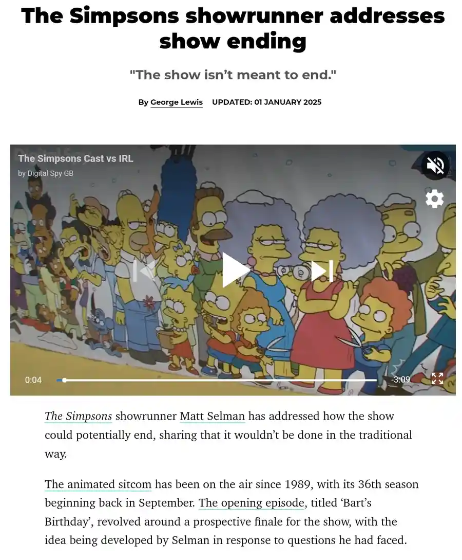 An image of a news article about The Simpsons showrunner Matt Selman addressing the show's ending, featuring a video player…
