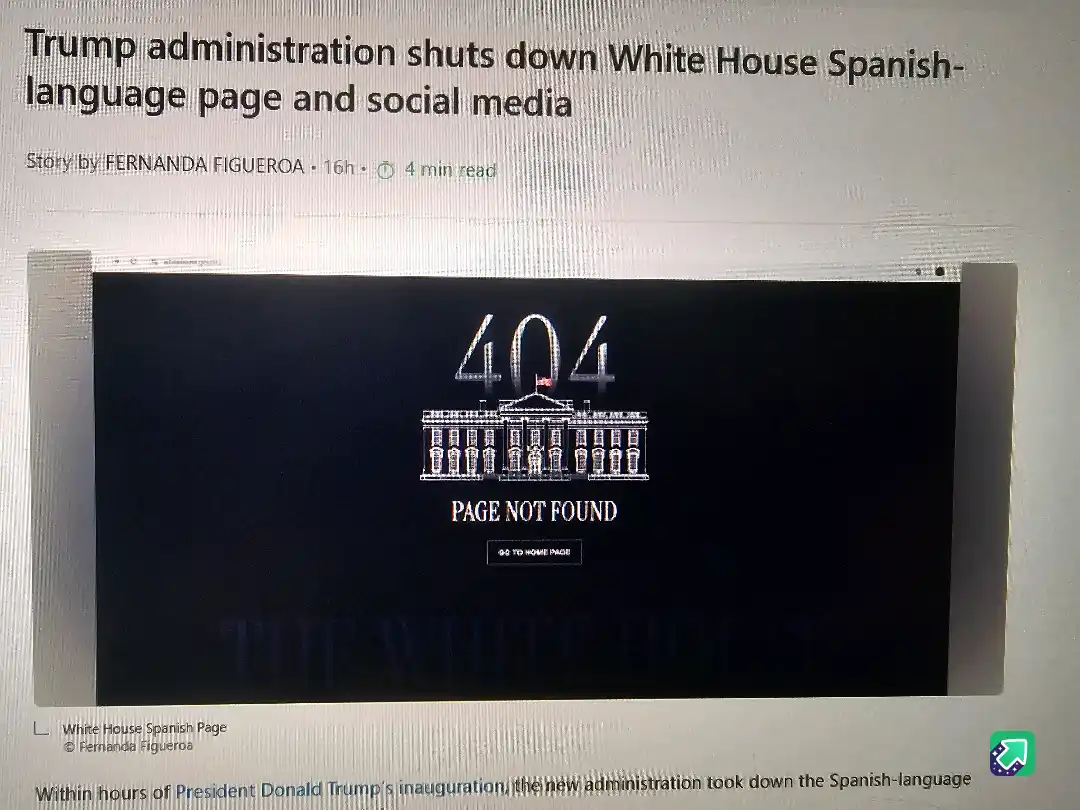 A screenshot of a news article headline about the Trump administration shutting down the White House Spanish-language page…