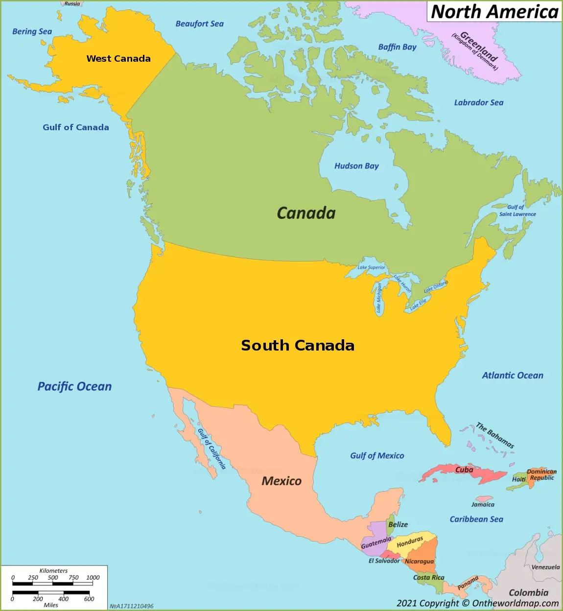 A map of North America where the United States is labeled 'South Canada' and Canada is labeled 'Canada', while West Canada…