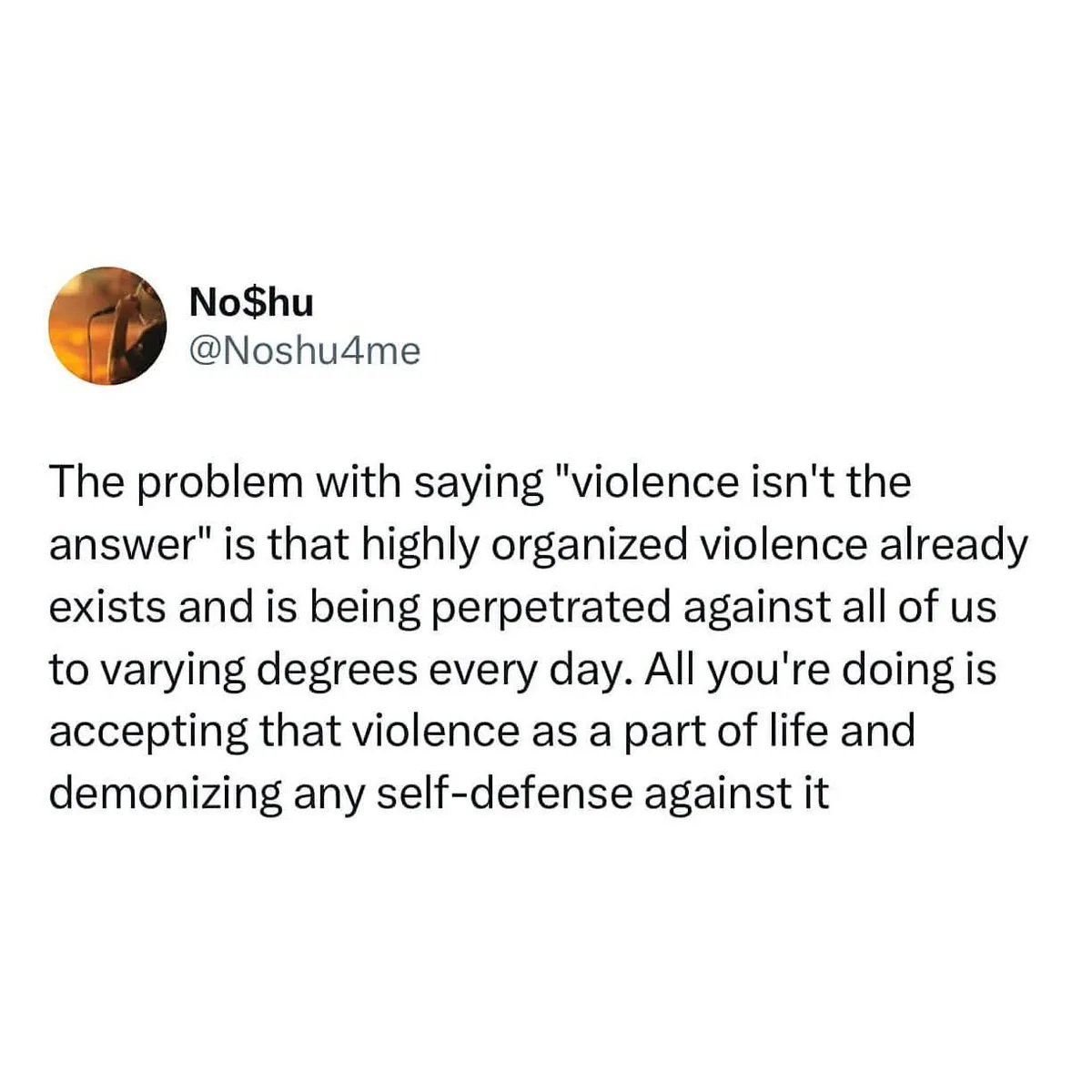 A screenshot of a tweet from user No$hu (@Noshu4me) displaying a block of text that critiques the phrase 'violence isn't the…