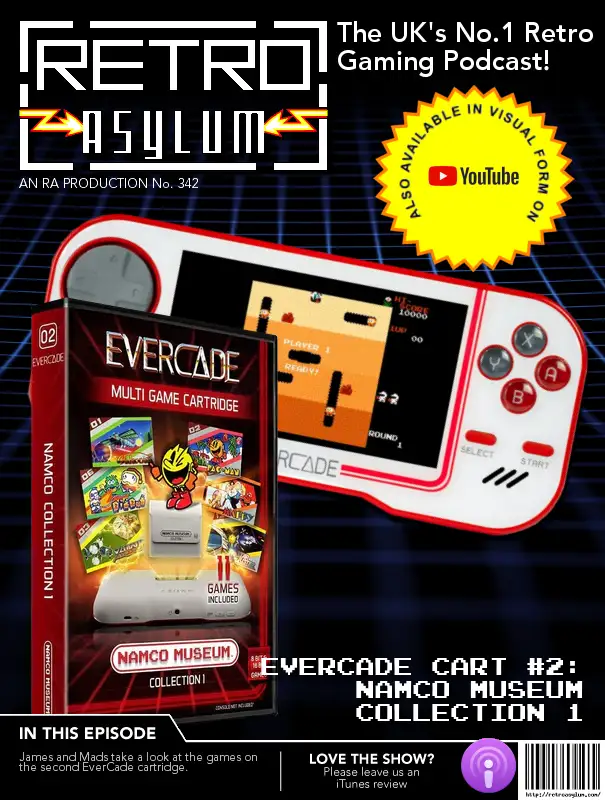 A promotional image for a retro gaming podcast, featuring a red and white EverCade handheld console displaying a Namco game…