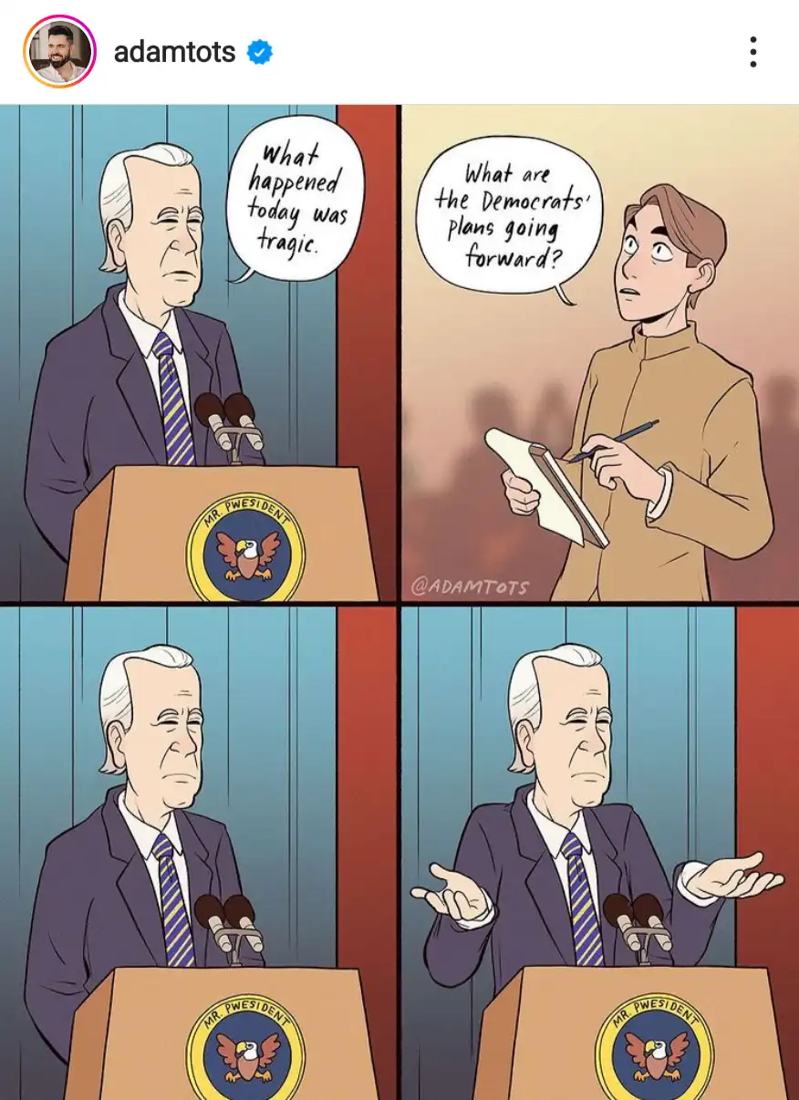 A four-panel comic strip shows a cartoon president at a podium with a seal reading 'MR PRESIDENT' saying 'what happened…