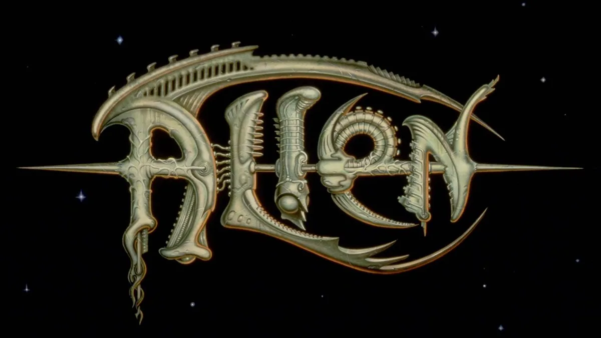 The iconic 'Alien' movie title logo, rendered in a biomechanical, metallic font with sharp, organic, and menacing details…