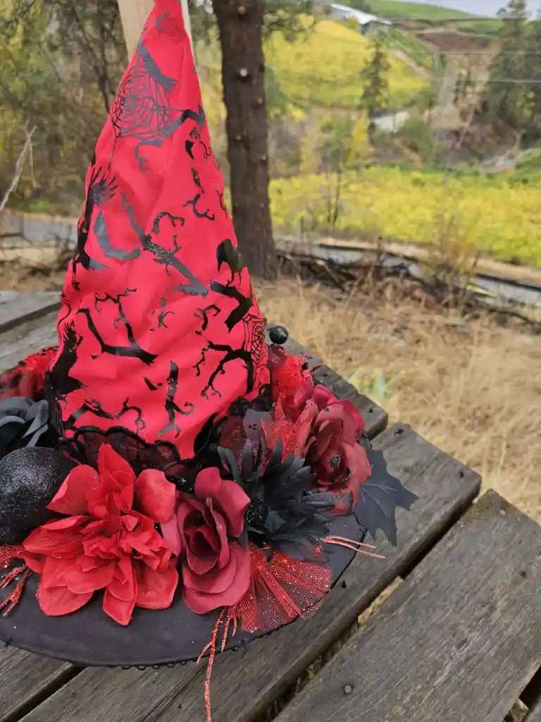 A red witch hat with black spiderweb and bat patterns sits on a wooden picnic table outdoors, adorned with red and black…