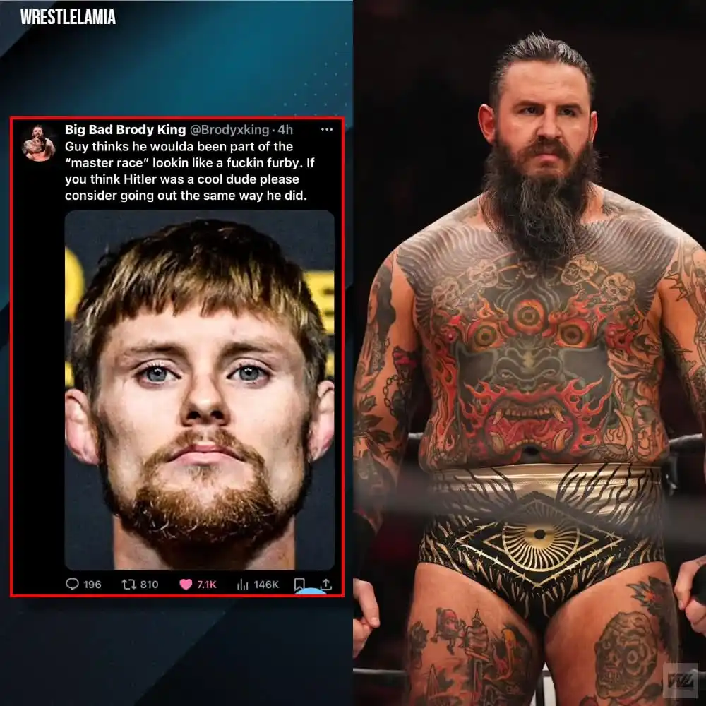 The image displays a split-screen: on the left, a screenshot of a tweet from wrestler Brody King showing a photo of a man…