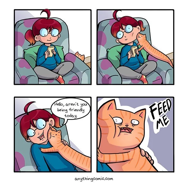 A four-panel comic shows a girl relaxing in a chair with her phone, then being affectionately licked by an orange cat. She…