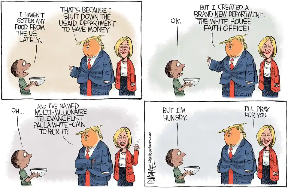 A four-panel comic strip shows a child holding an empty bowl and asking for food. The adult figures, caricatures of Donald…